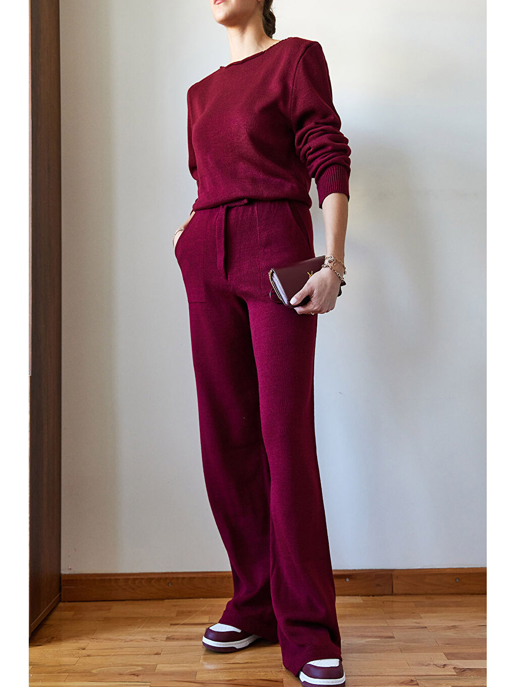 Bordo Kadın Beli Cırt Detaylı Basic Triko Alt-Üst Takım-3