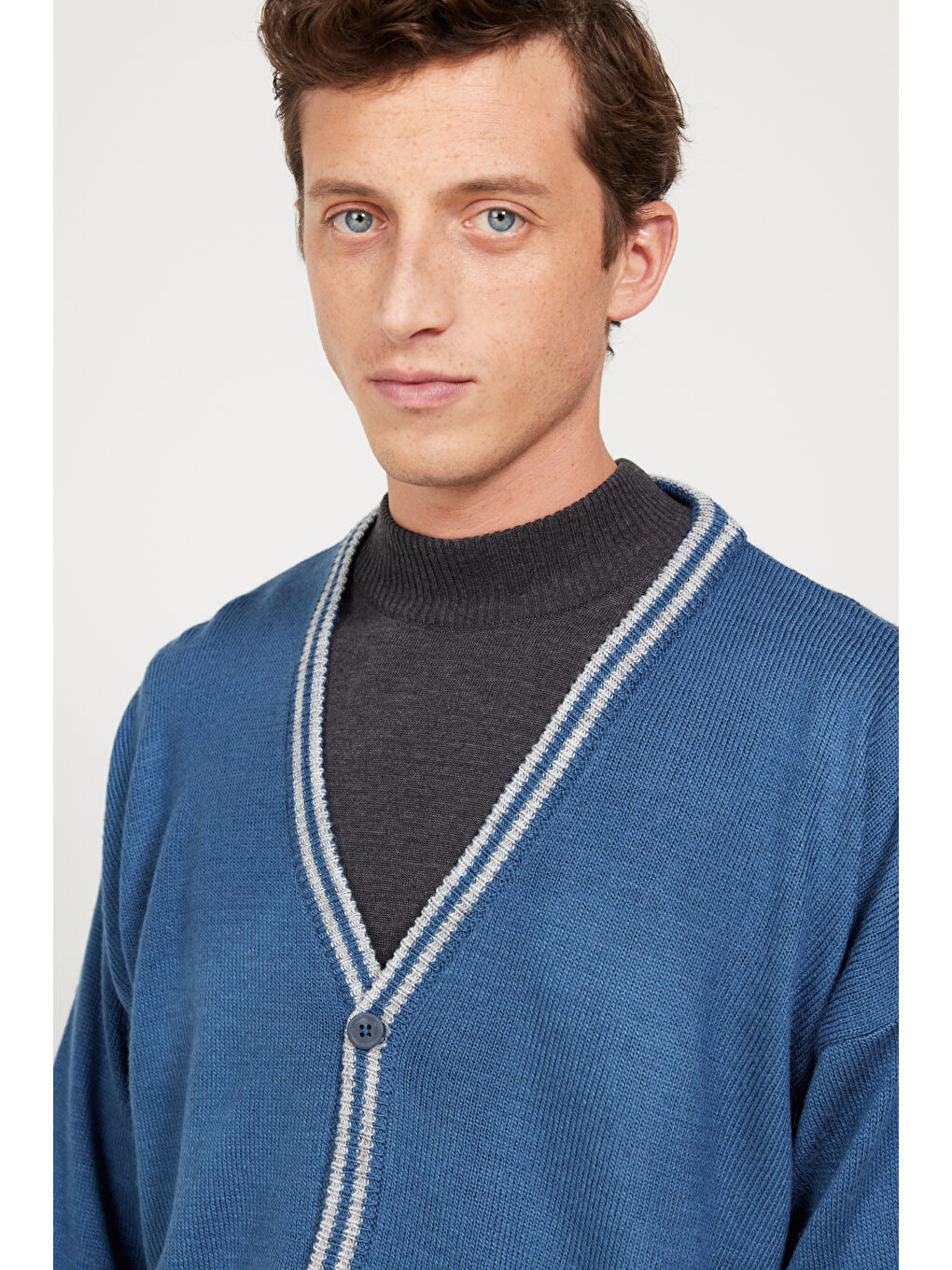 İndigo Erkek INDIGO-GRI MELANJ Standart Fit Normal Kesim V Yaka Triko Hırka-4