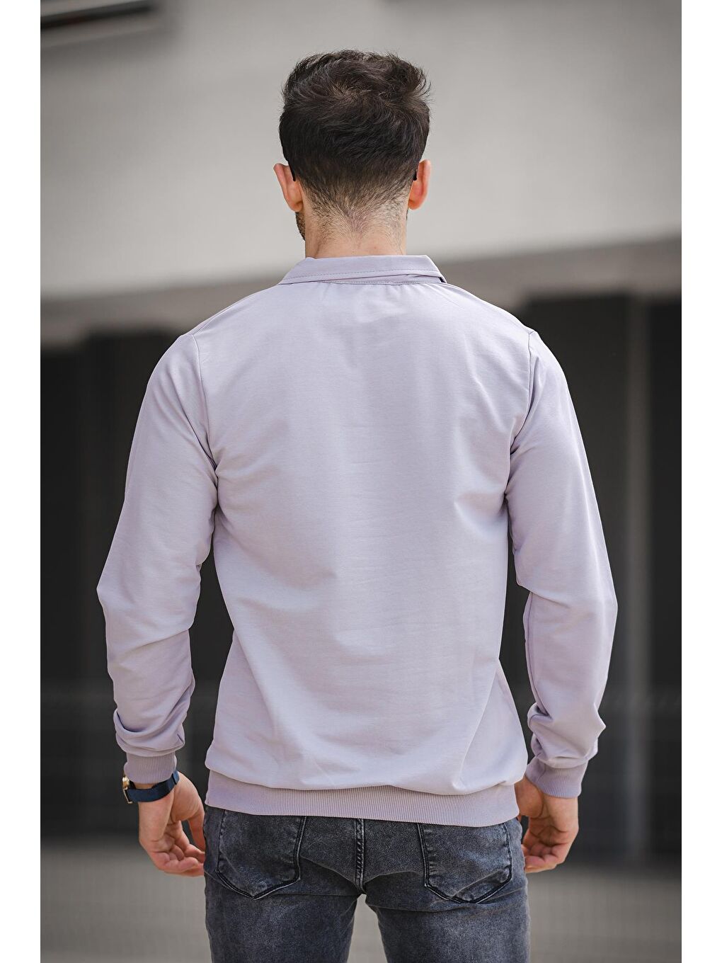 Gri Hoek Slim Fit Polo Yakalı Erkek Sweatshirt-2