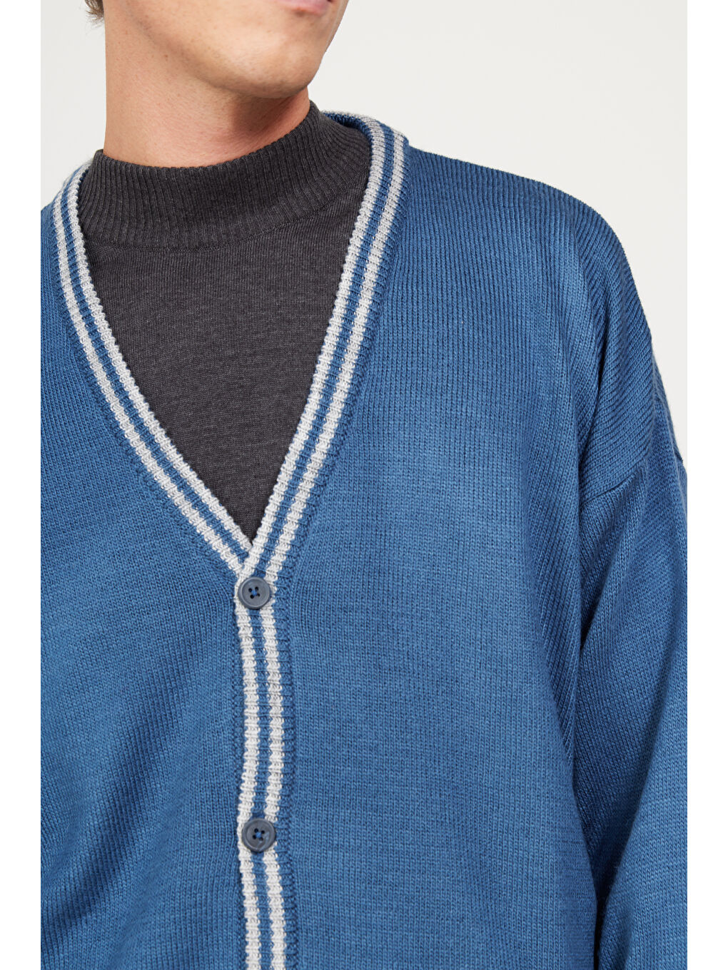 İndigo Erkek INDIGO-GRI MELANJ Standart Fit Normal Kesim V Yaka Triko Hırka-5