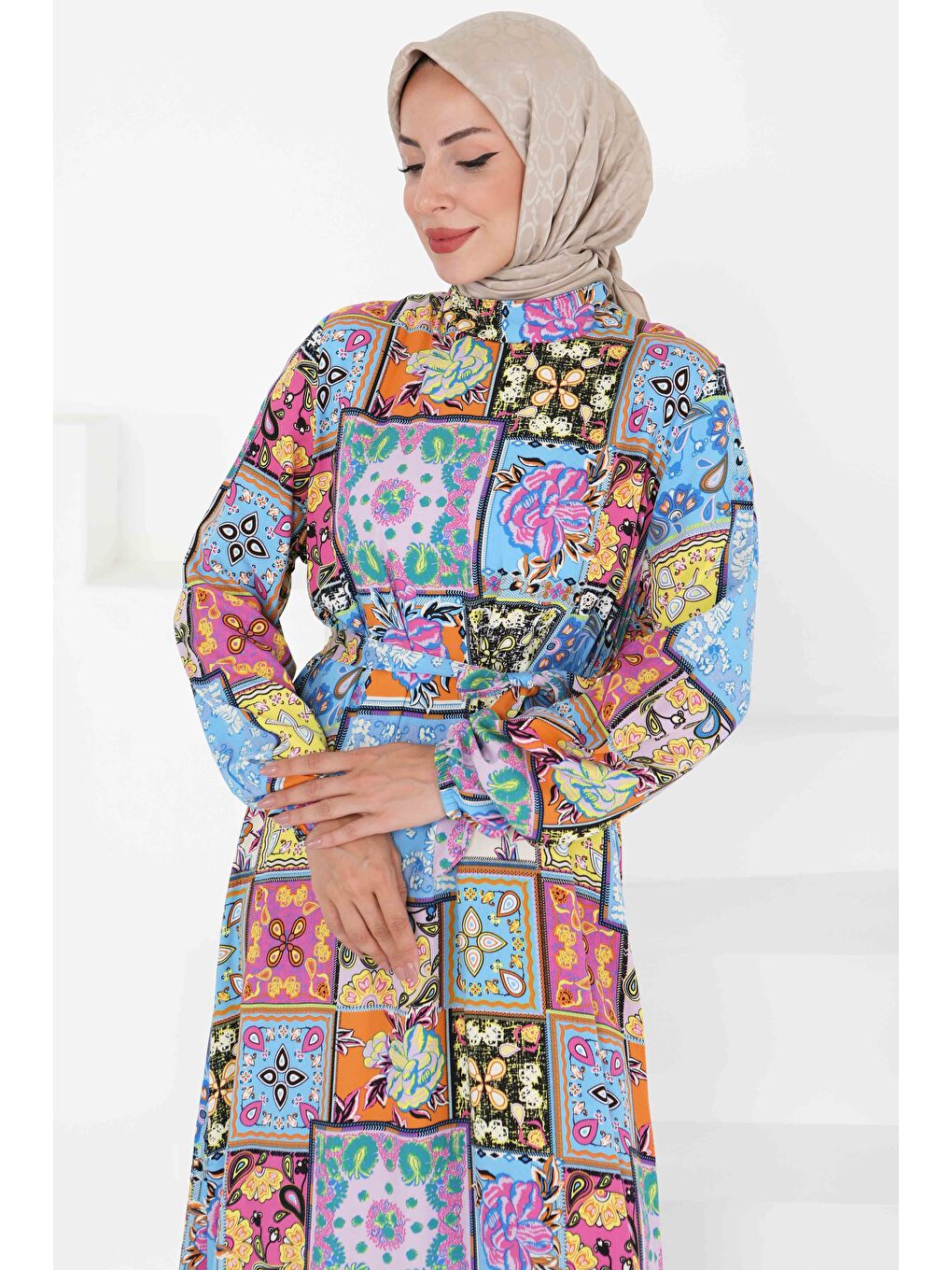 Kuşaklı Desenli Elbise Bebe Mavi - 27422-1