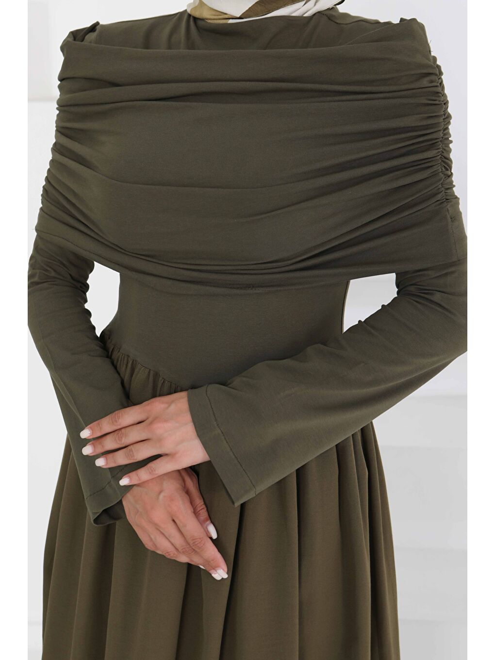 Üstü Şal Detaylı Elbise Haki - 27282-4
