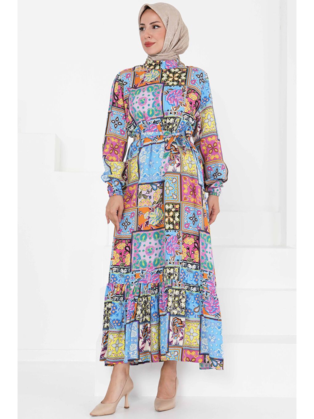 Kuşaklı Desenli Elbise Bebe Mavi - 27422-2