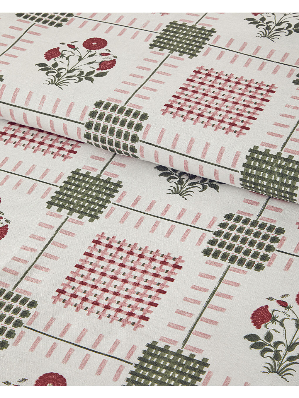 Pembe Floral Grid Pamuklu Ranforce King Size Nevresim Seti 240x220 cm Gül Kurusu-2