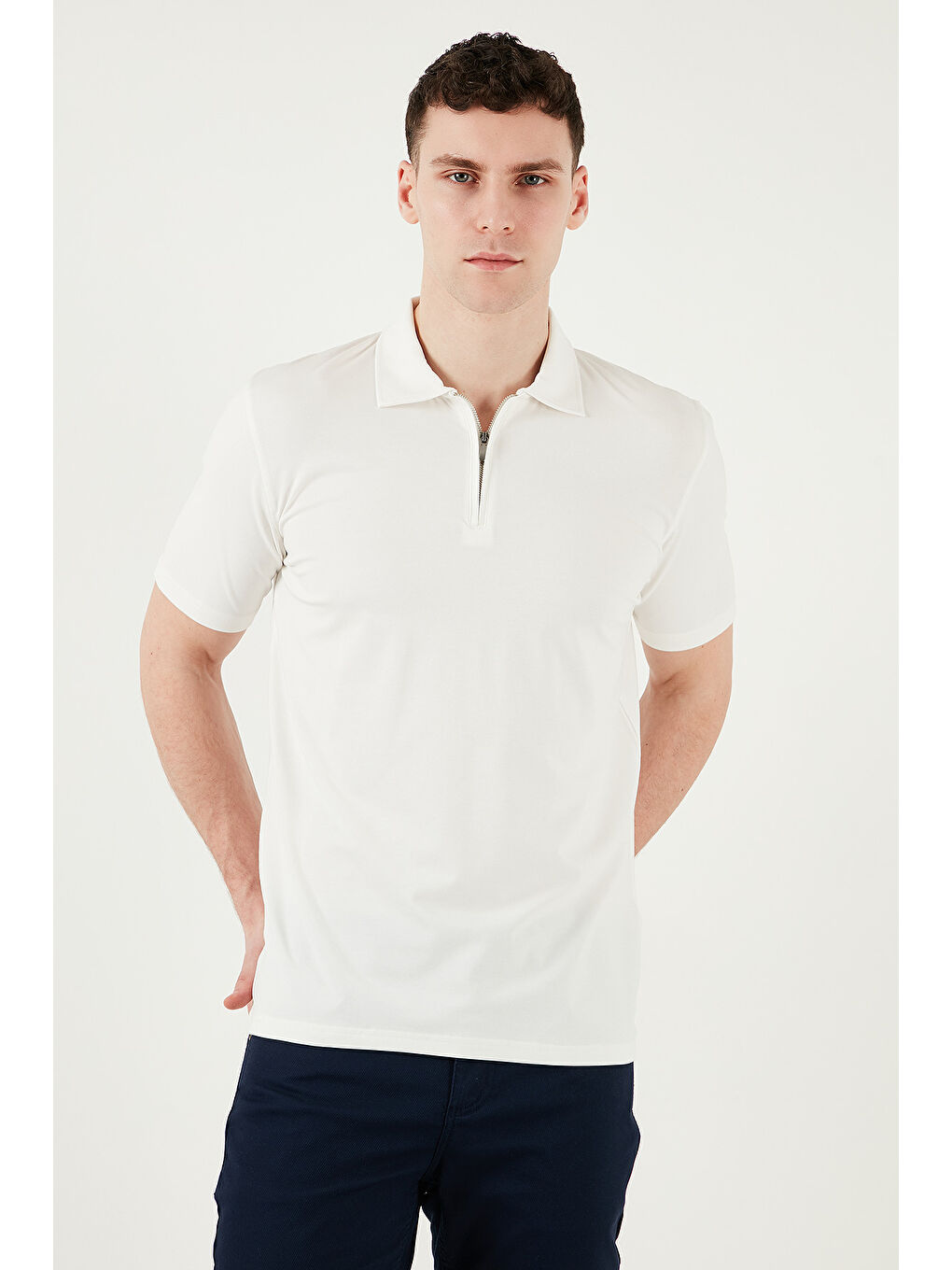 Ekru Pamuklu Regular Fit Yarım Fermuarlı Erkek Polo Yaka Tişört 5902972