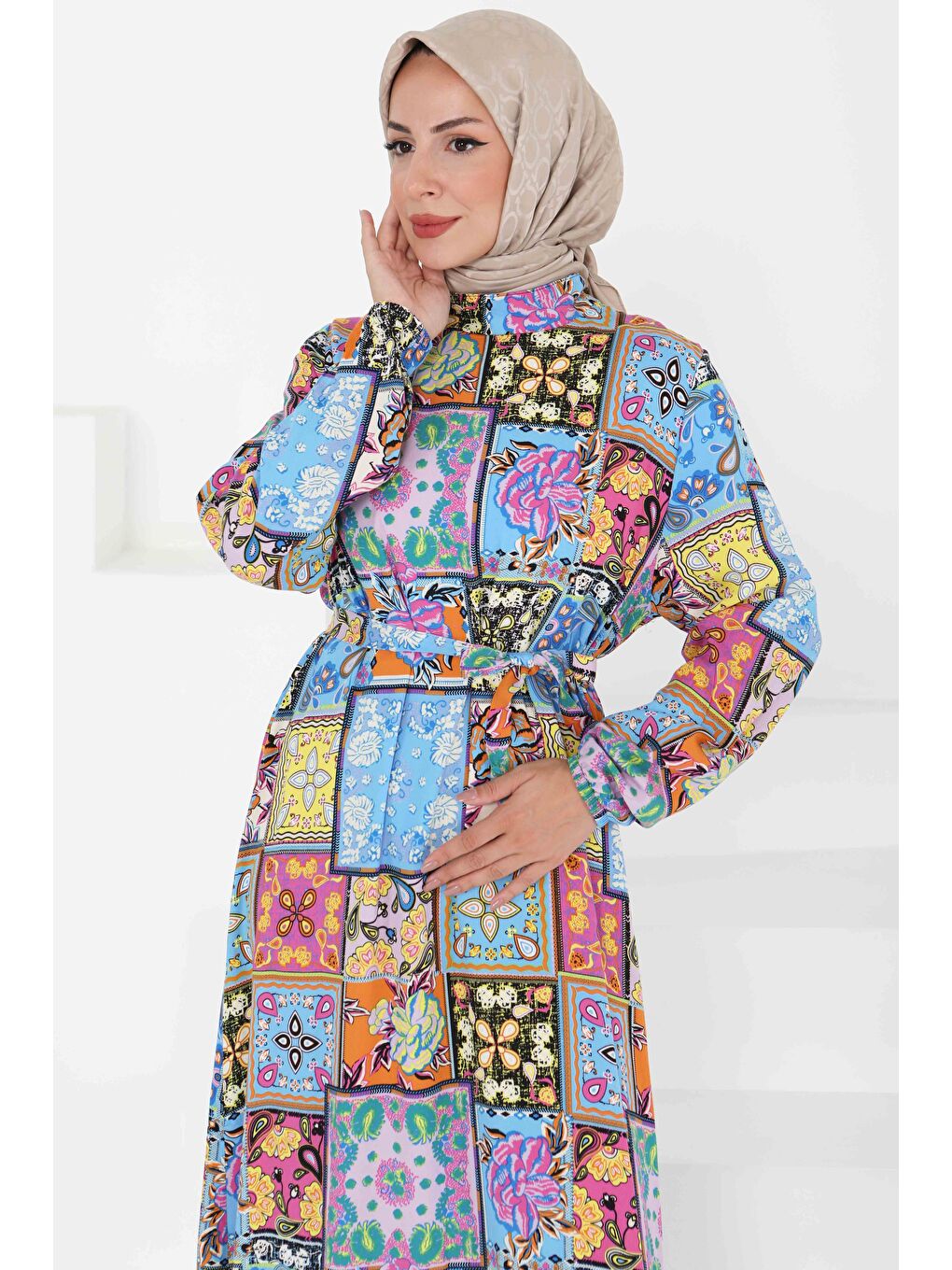 Kuşaklı Desenli Elbise Bebe Mavi - 27422-3