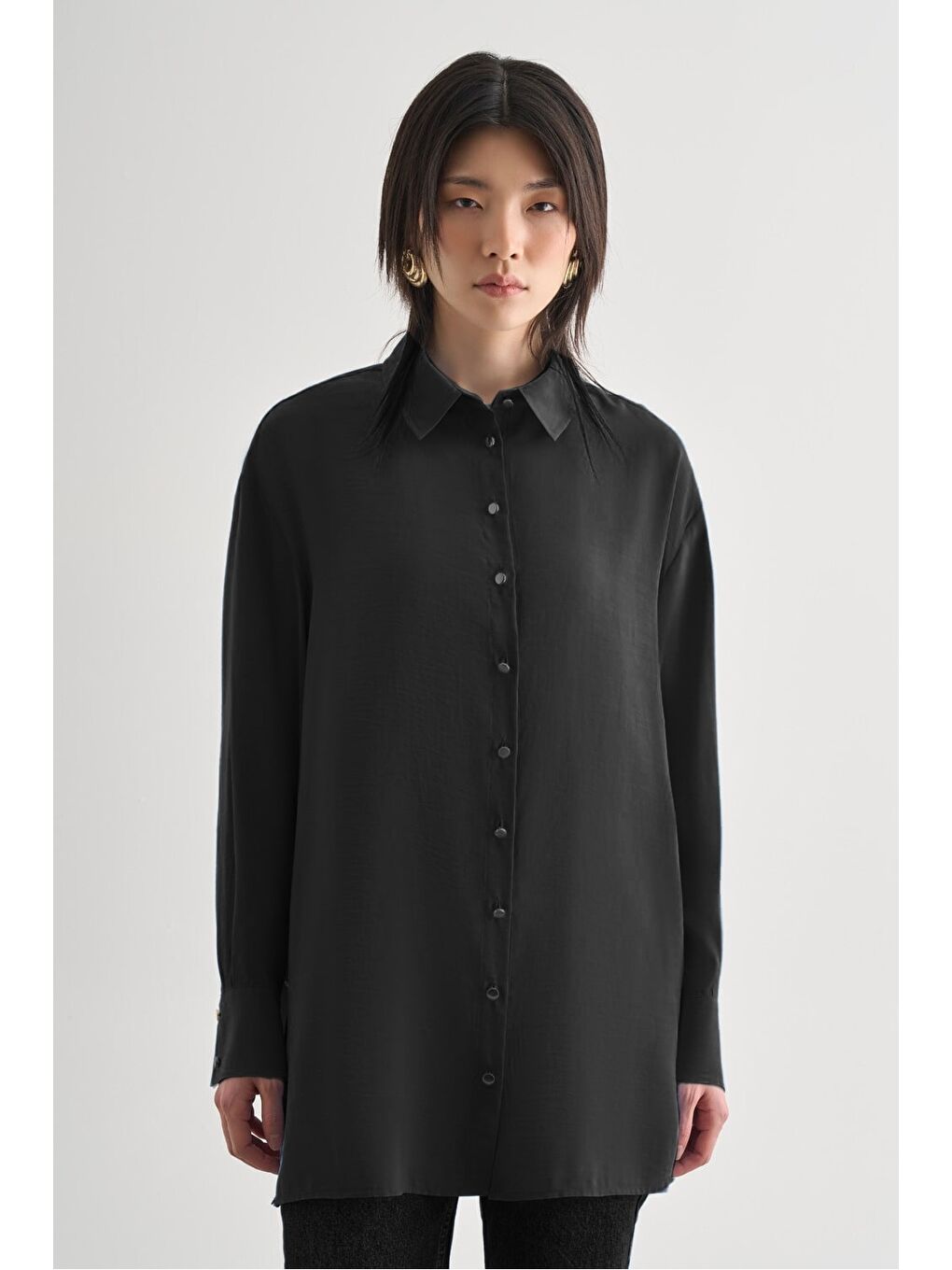 Yan Düğme Detaylı Premium Modal Siyah Tunik