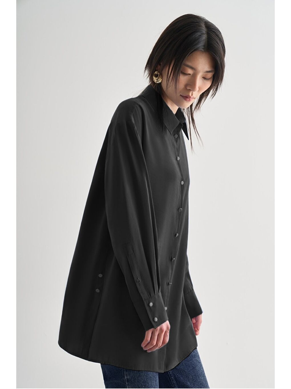 Yan Düğme Detaylı Premium Modal Siyah Tunik-1