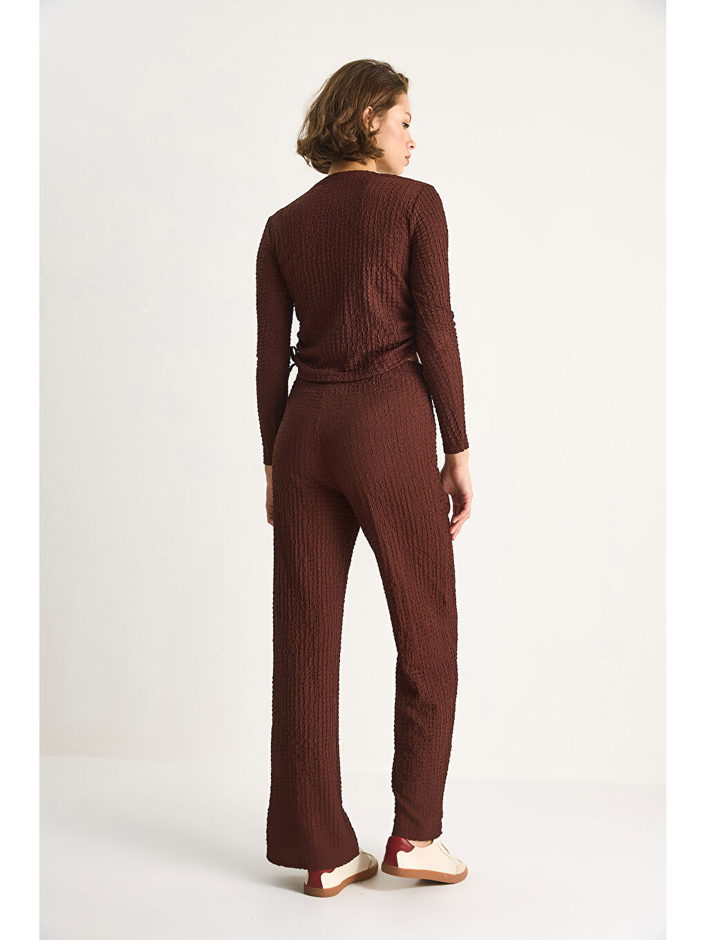 Kahverengi Kadın Yanları Bağlamalı Crop Beli Lastikli Yüksek Bel Pantolonlu Bürümcük Alt-Üst Takım-6