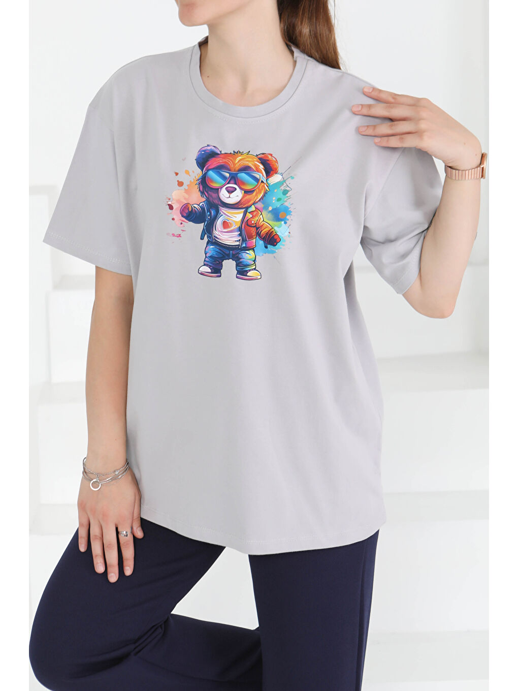 Baskılı Kısa Kollu T-Şhirt Gri - 27349-1