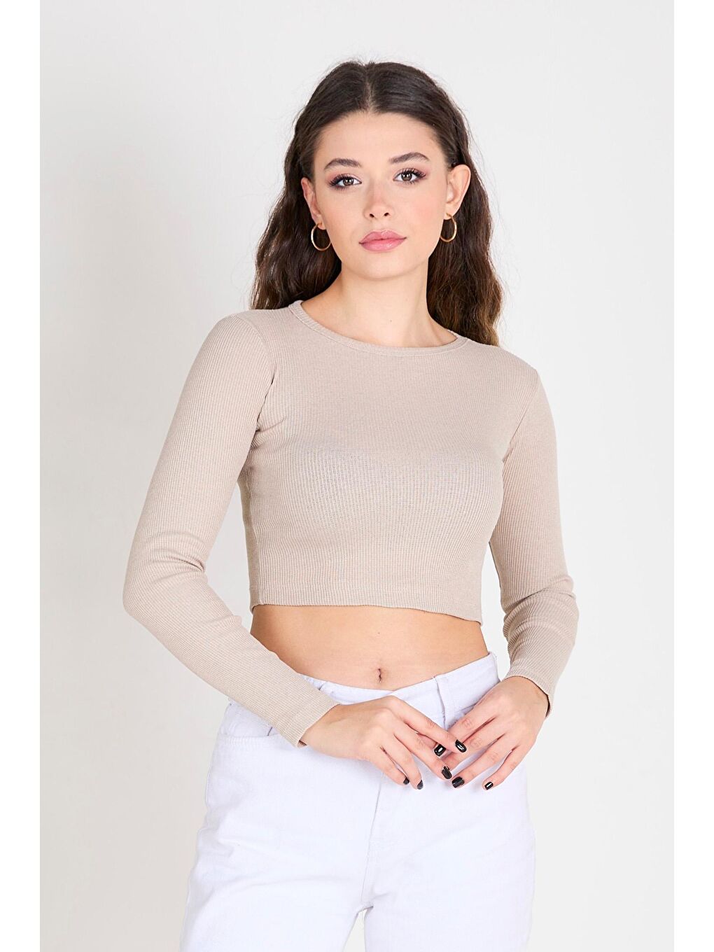 Bisiklet Yaka Kadın Bej Crop - 23391