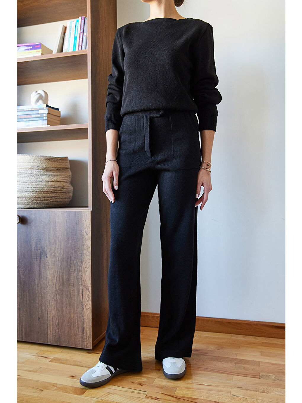 Siyah Kadın Beli Cırt Detaylı Basic Triko Alt-Üst Takım-1