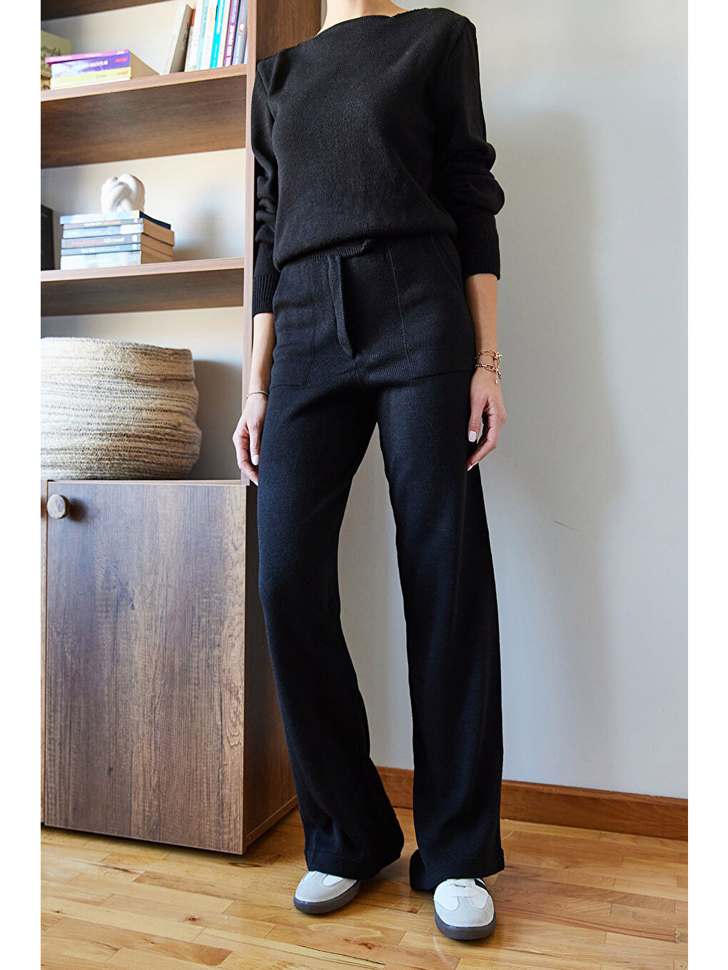 Siyah Kadın Beli Cırt Detaylı Basic Triko Alt-Üst Takım-4