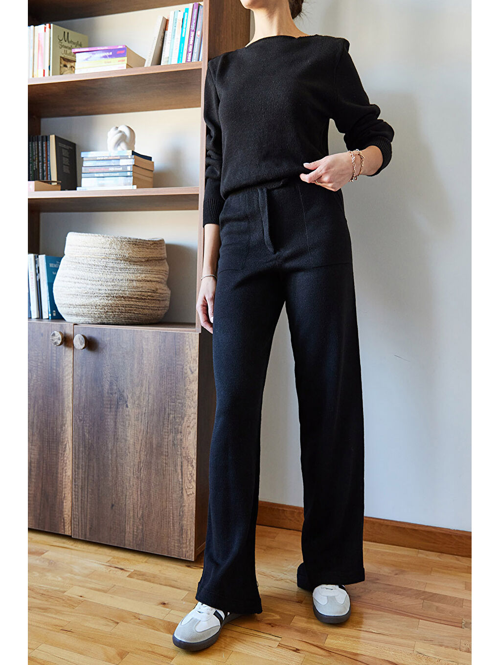 Siyah Kadın Beli Cırt Detaylı Basic Triko Alt-Üst Takım-5