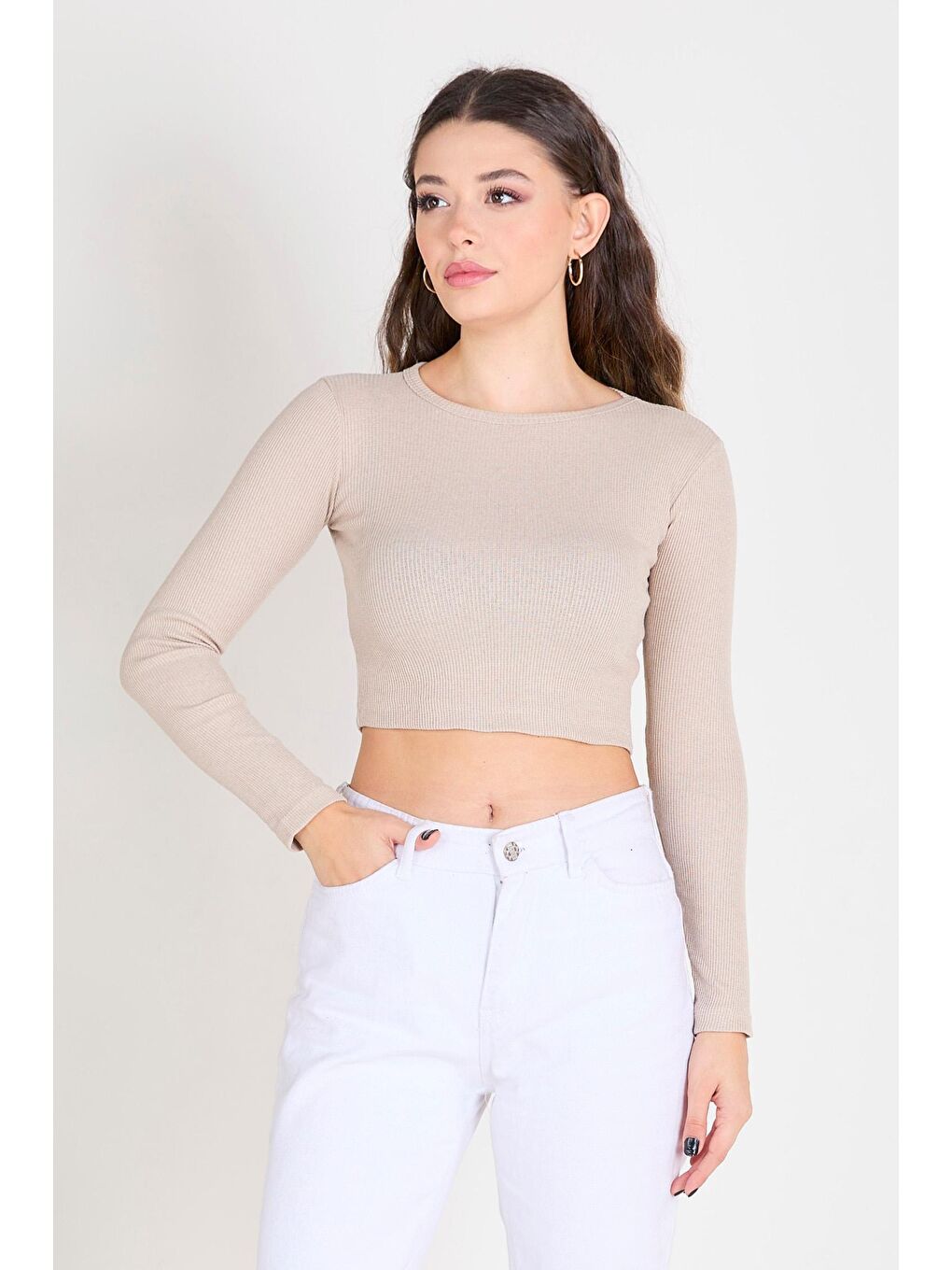 Bisiklet Yaka Kadın Bej Crop - 23391-1