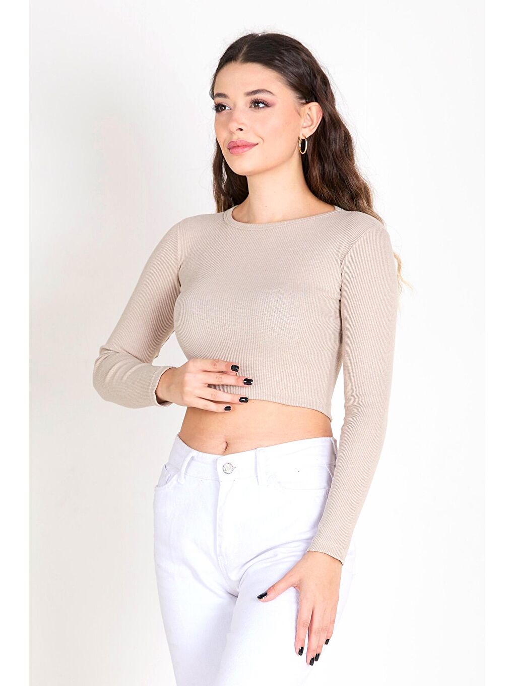Bisiklet Yaka Kadın Bej Crop - 23391-2