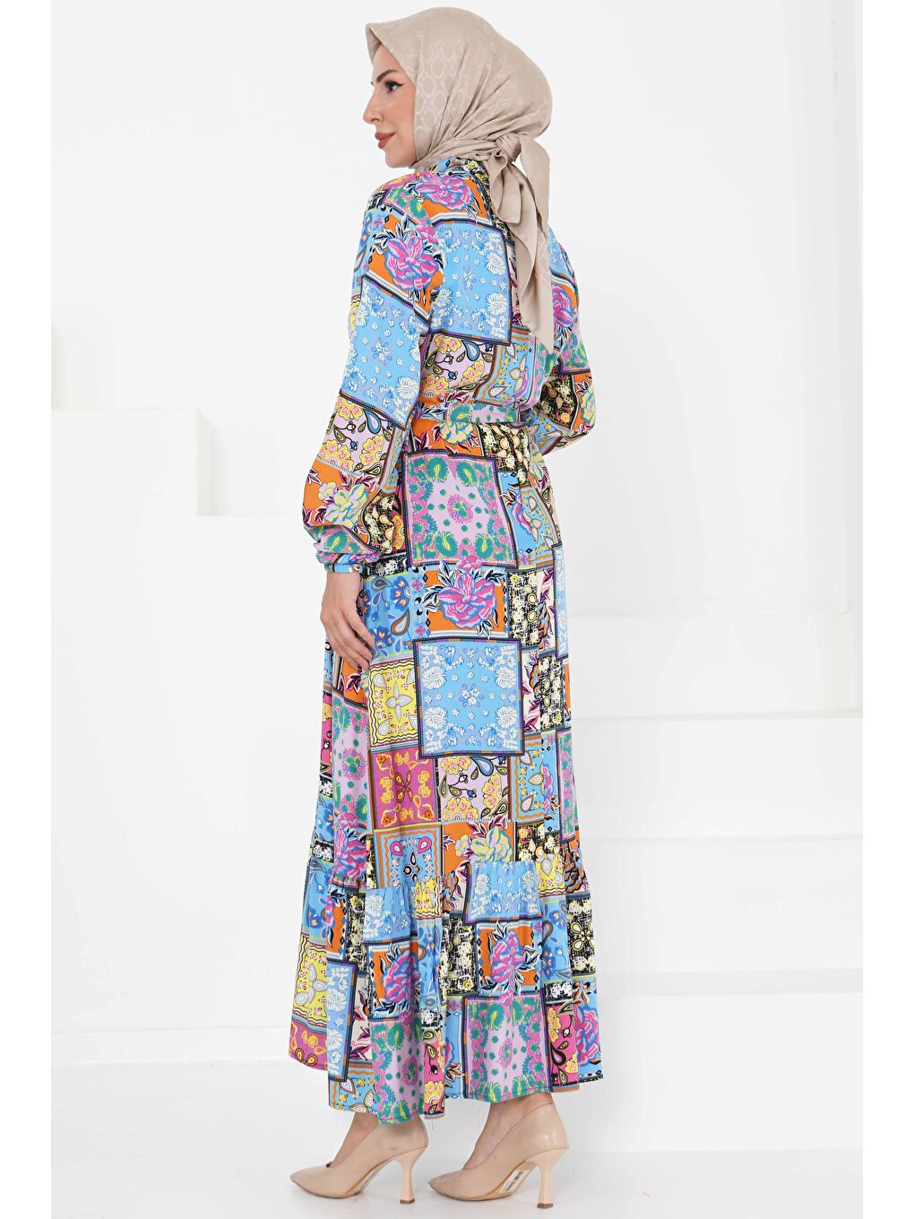 Kuşaklı Desenli Elbise Bebe Mavi - 27422-4