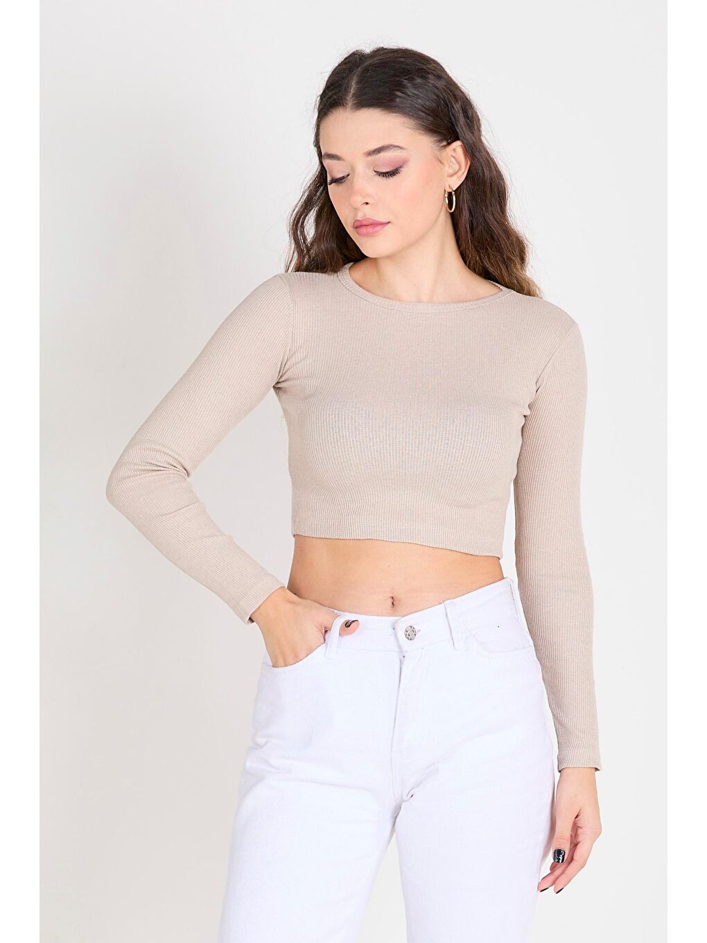 Bisiklet Yaka Kadın Bej Crop - 23391-3