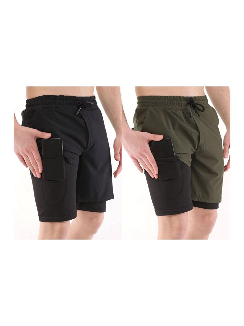 2'li Kısa Taytlı Outdoor Erkek Şort Siyah-Haki