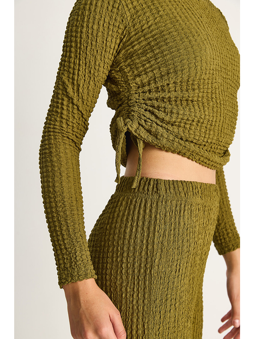 Yeşil Kadın Yanları Bağlamalı Crop Beli Lastikli Yüksek Bel Pantolonlu Bürümcük Alt-üst Takım-4