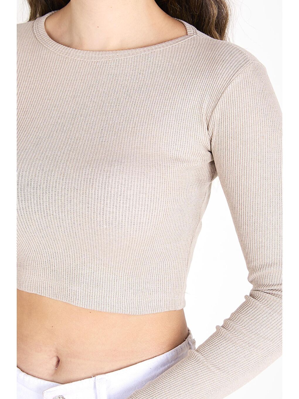 Bisiklet Yaka Kadın Bej Crop - 23391-4