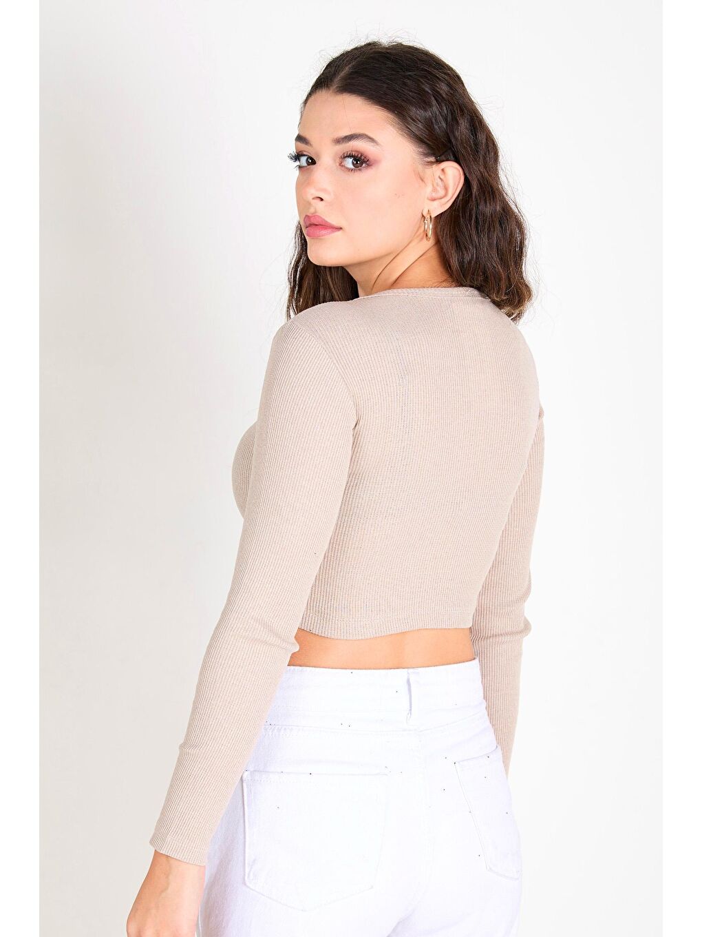 Bisiklet Yaka Kadın Bej Crop - 23391-5