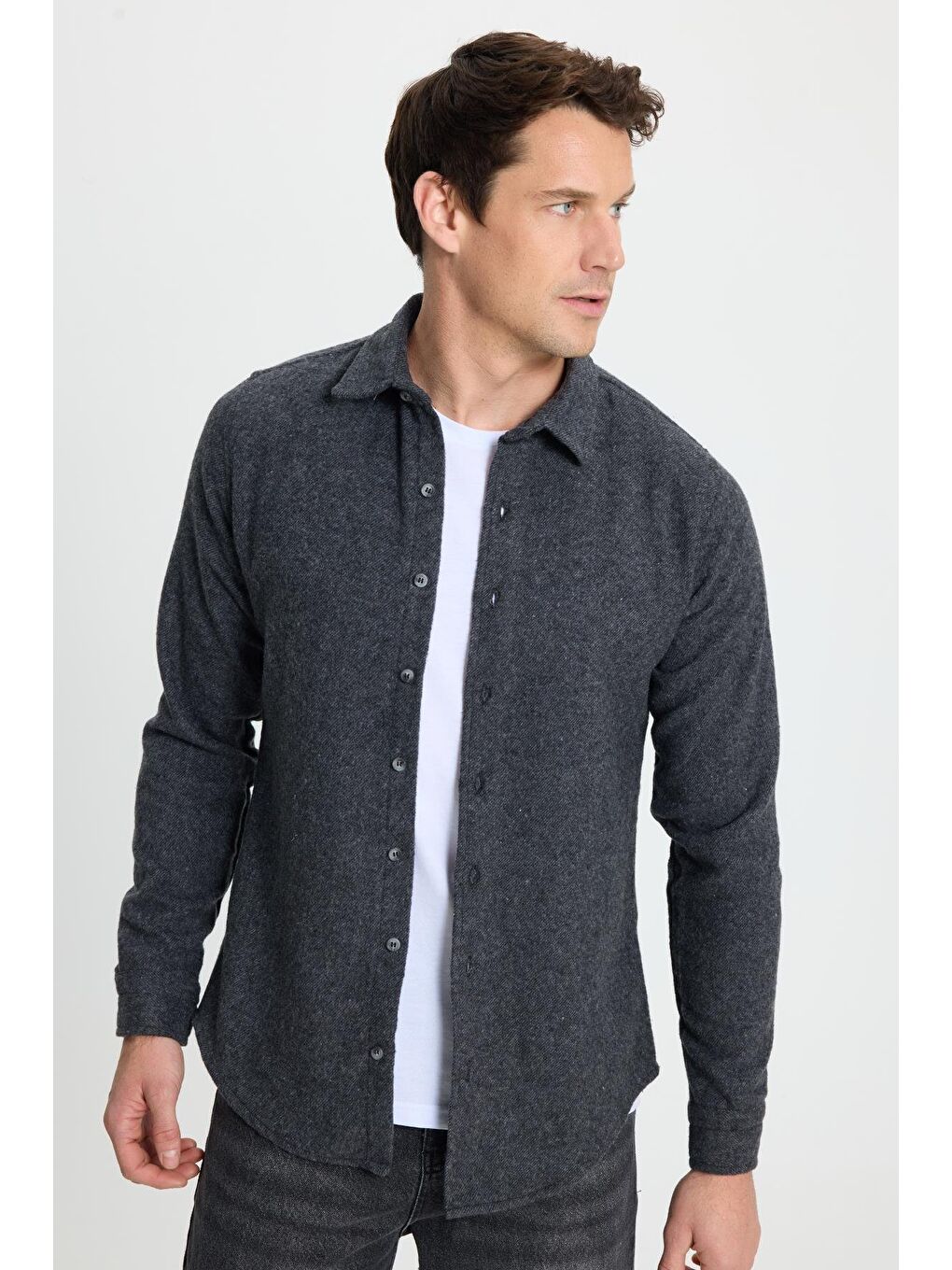 Erkek Slim Fit Dar Kesim Uzun Kollu Düz Kışlık Oduncu Koyu Gri Gömlek-1