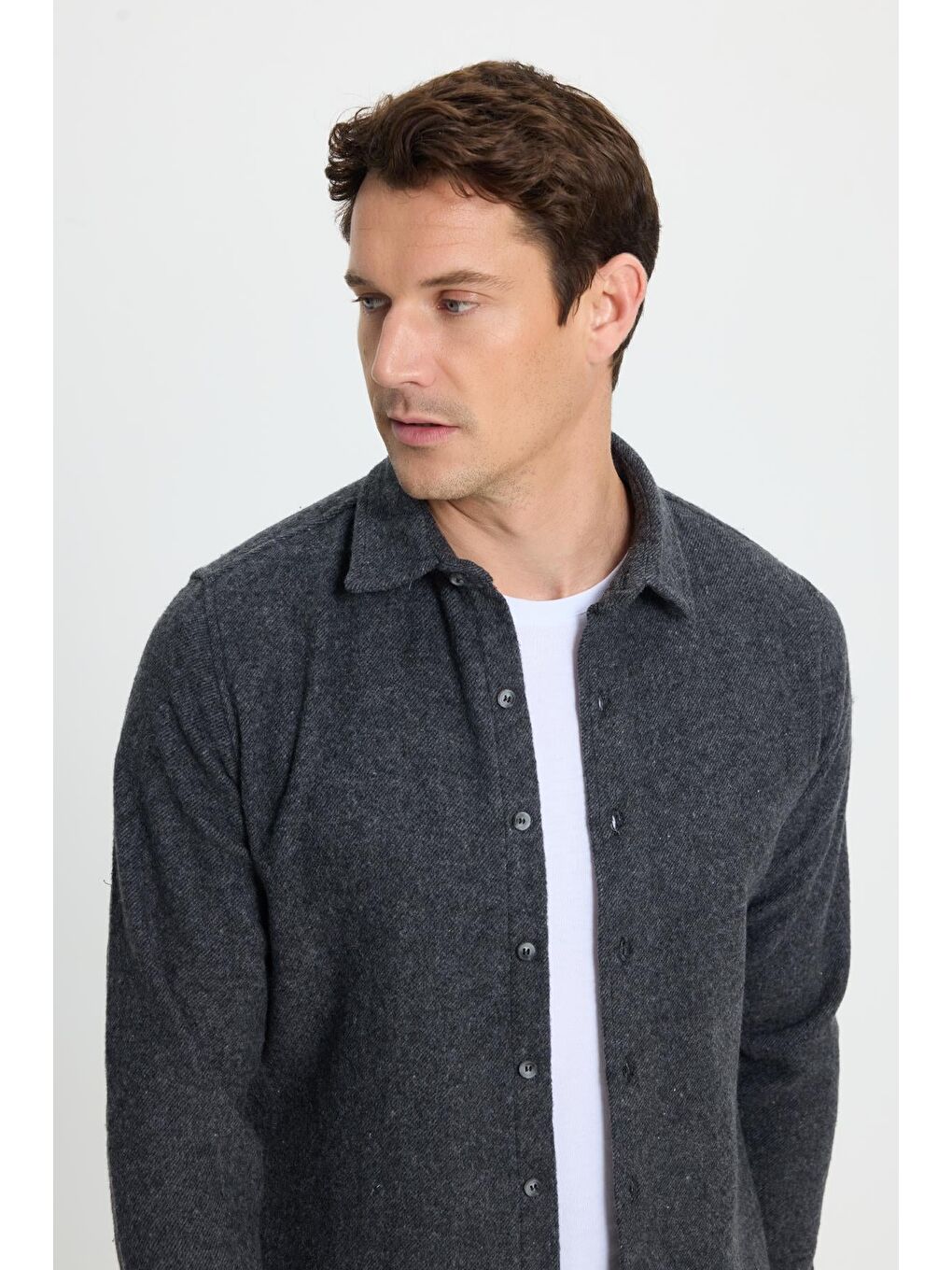 Erkek Slim Fit Dar Kesim Uzun Kollu Düz Kışlık Oduncu Koyu Gri Gömlek-4