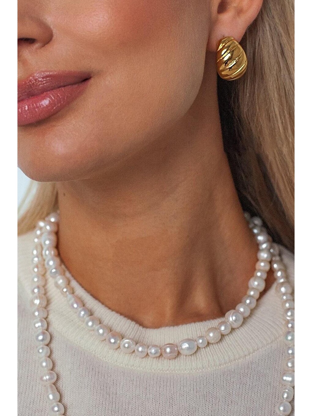 Sarı Gold Kruvasan Halka Çelik Küpe-5