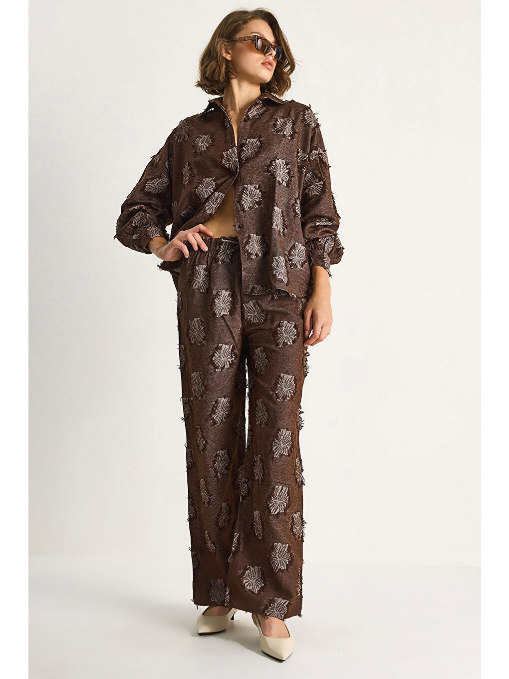 Kahverengi Kadın Oversize Gömlek Beli Lastikli Pantolon Saçaklı Dokuma Alt-Üst Takım