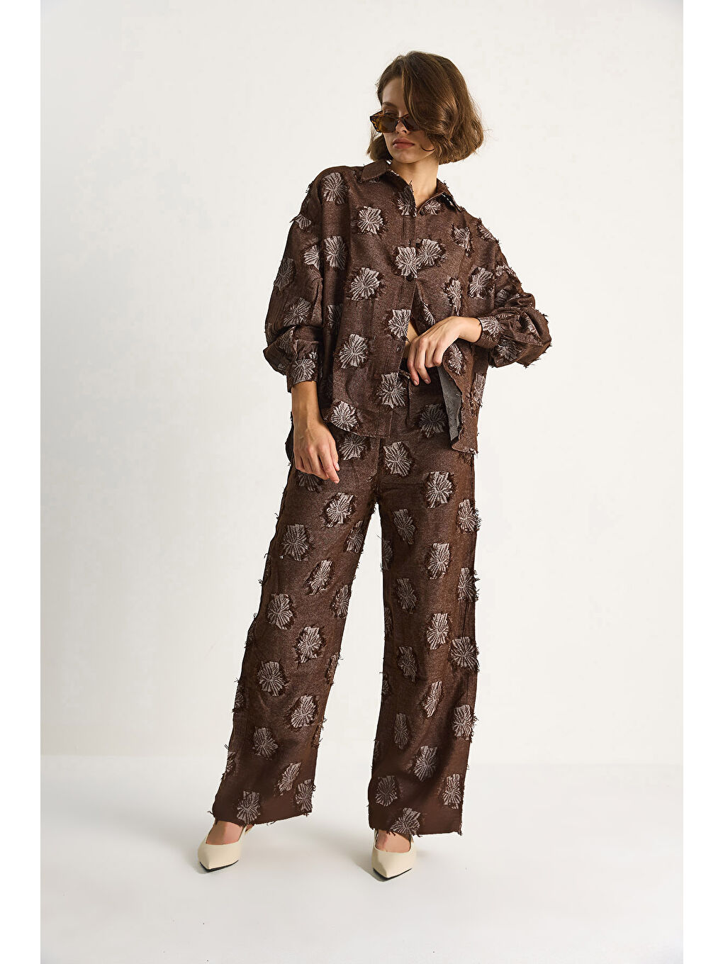 Kahverengi Kadın Oversize Gömlek Beli Lastikli Pantolon Saçaklı Dokuma Alt-Üst Takım-1