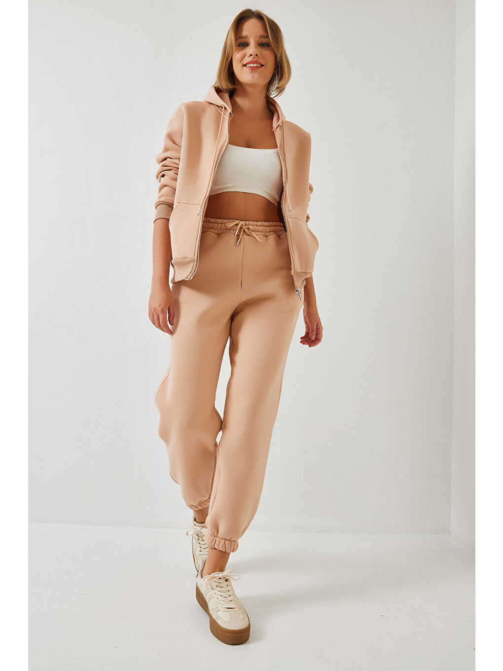 Bej Kadın Kanguru Cepli Kapüşonlu Hırka Alt  Üst Takım MBHS-1