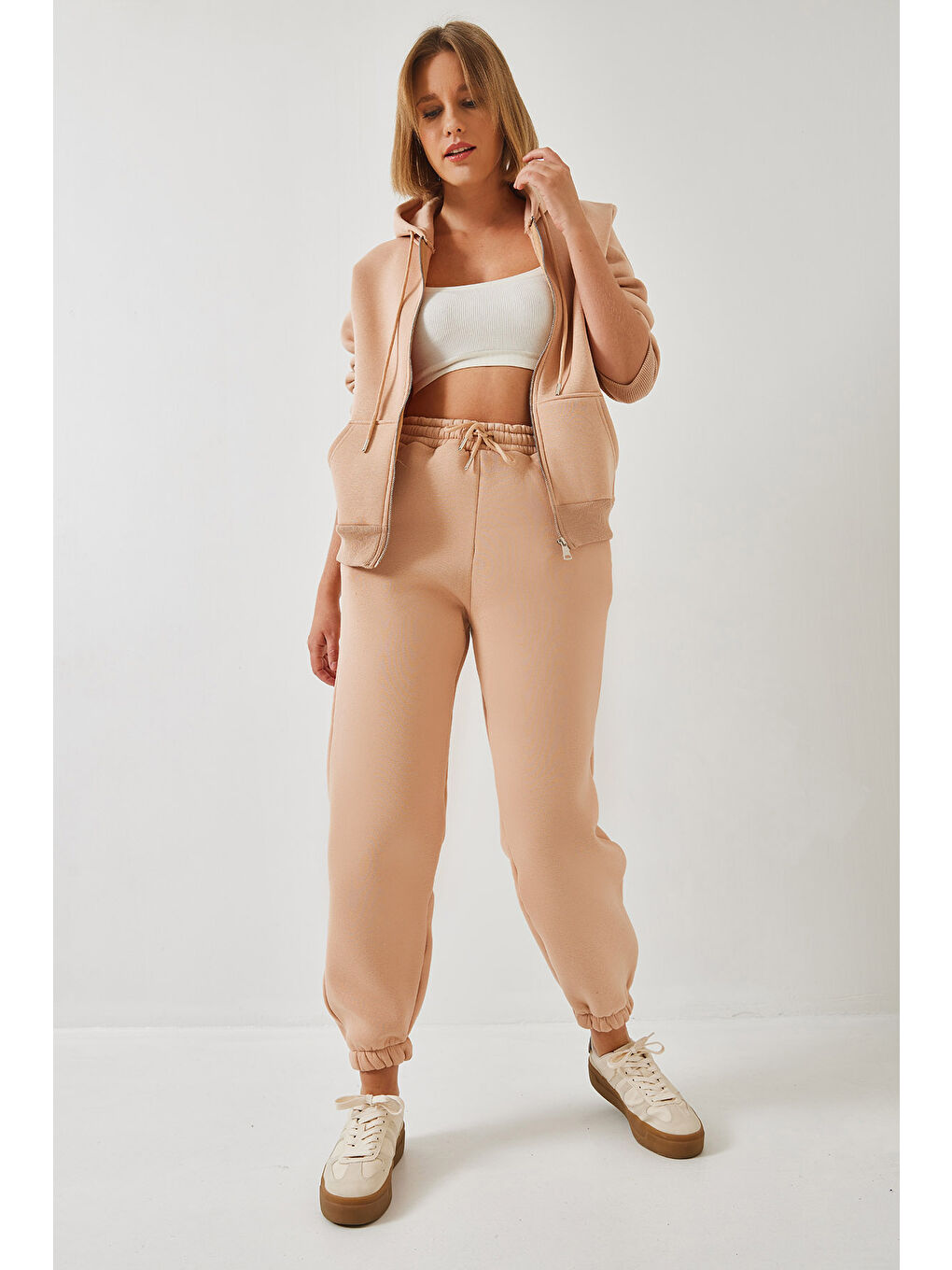 Bej Kadın Kanguru Cepli Kapüşonlu Hırka Alt  Üst Takım MBHS-2