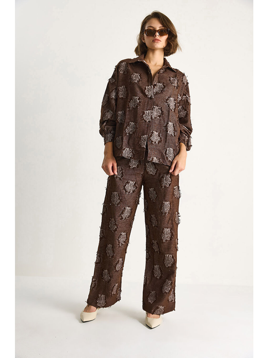 Kahverengi Kadın Oversize Gömlek Beli Lastikli Pantolon Saçaklı Dokuma Alt-Üst Takım-2