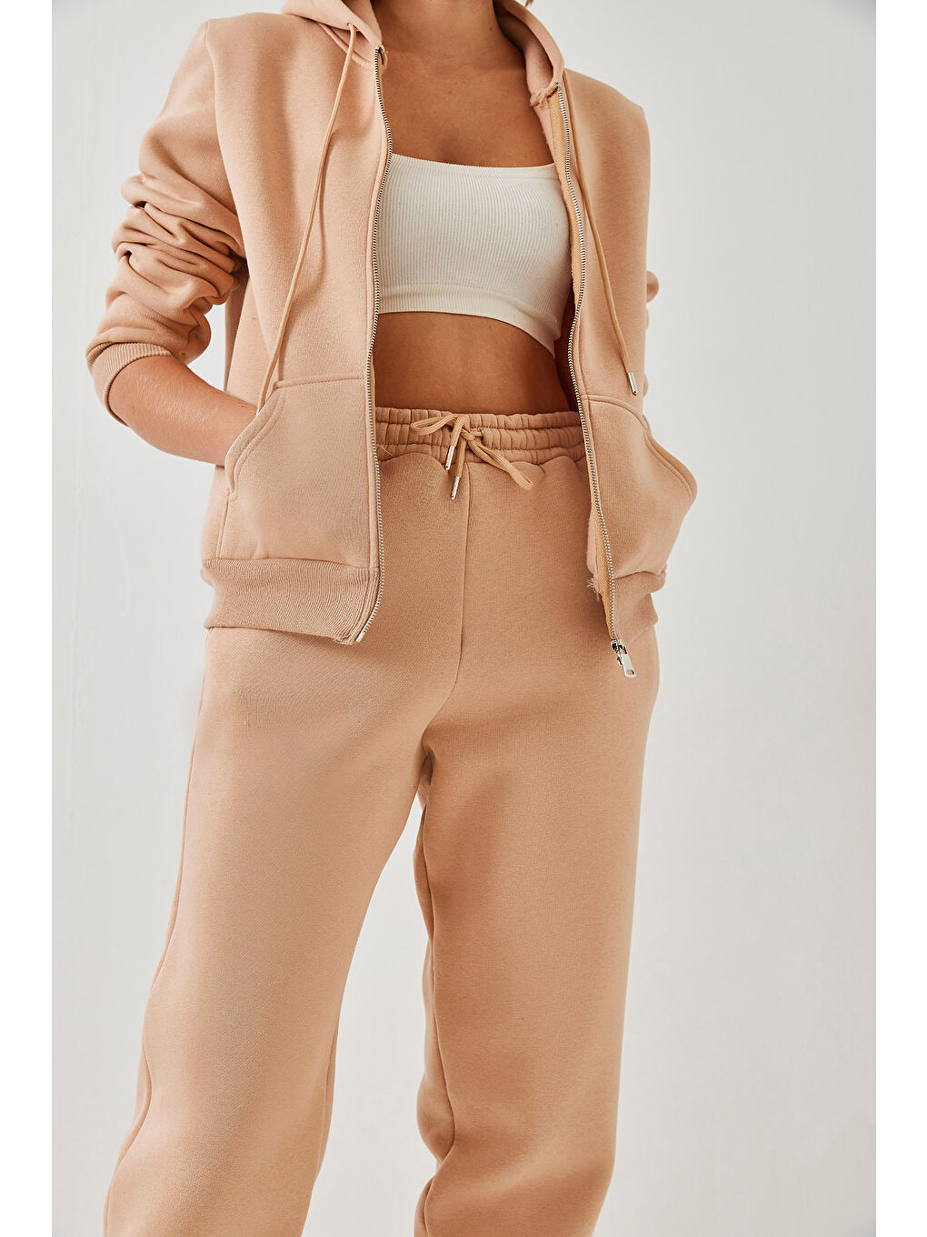 Bej Kadın Kanguru Cepli Kapüşonlu Hırka Alt  Üst Takım MBHS-3