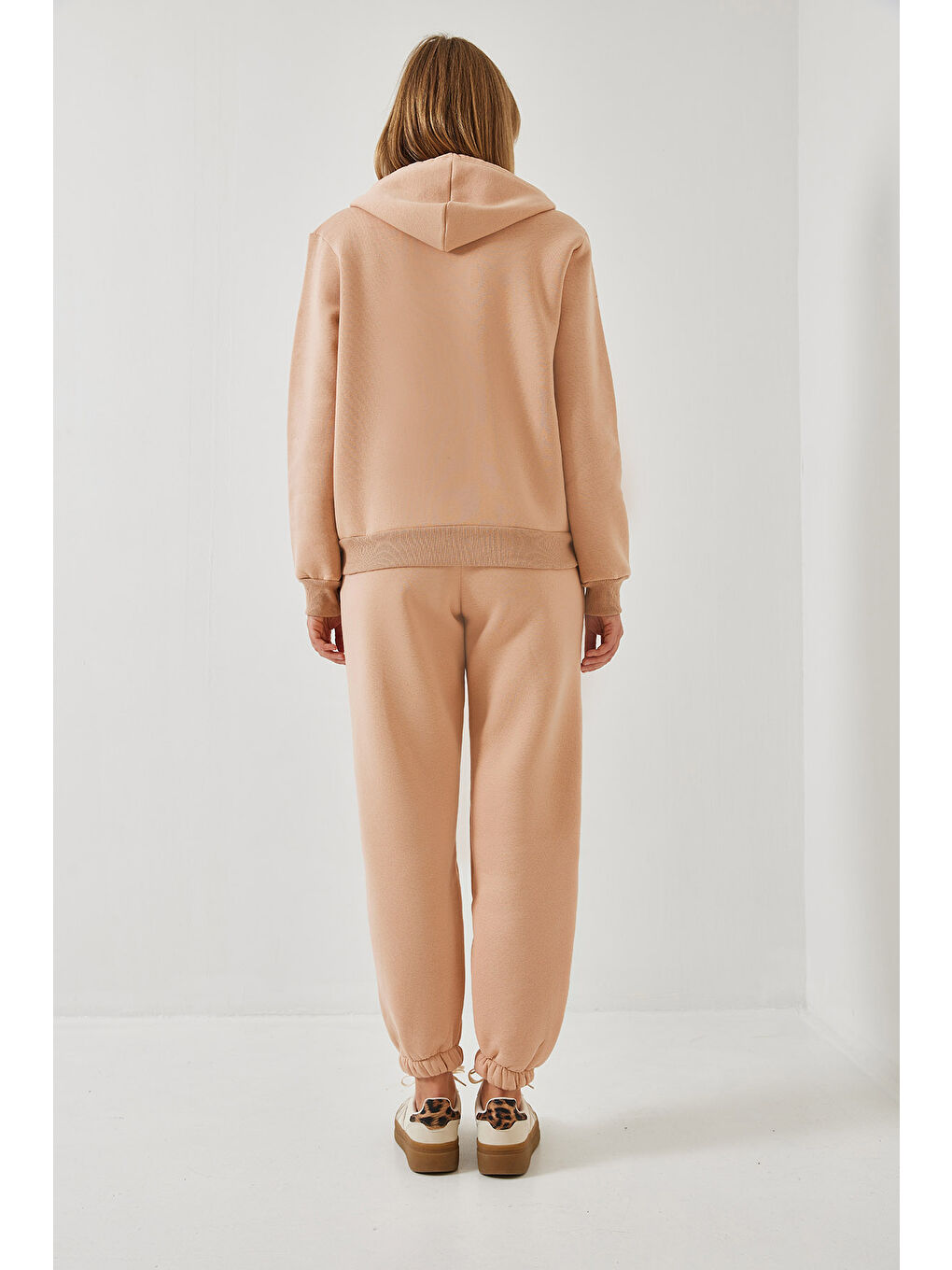 Bej Kadın Kanguru Cepli Kapüşonlu Hırka Alt  Üst Takım MBHS-4