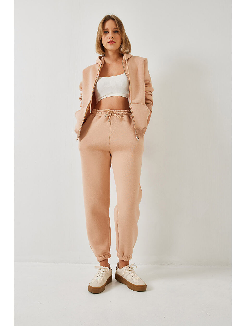 Bej Kadın Kanguru Cepli Kapüşonlu Hırka Alt  Üst Takım MBHS-5