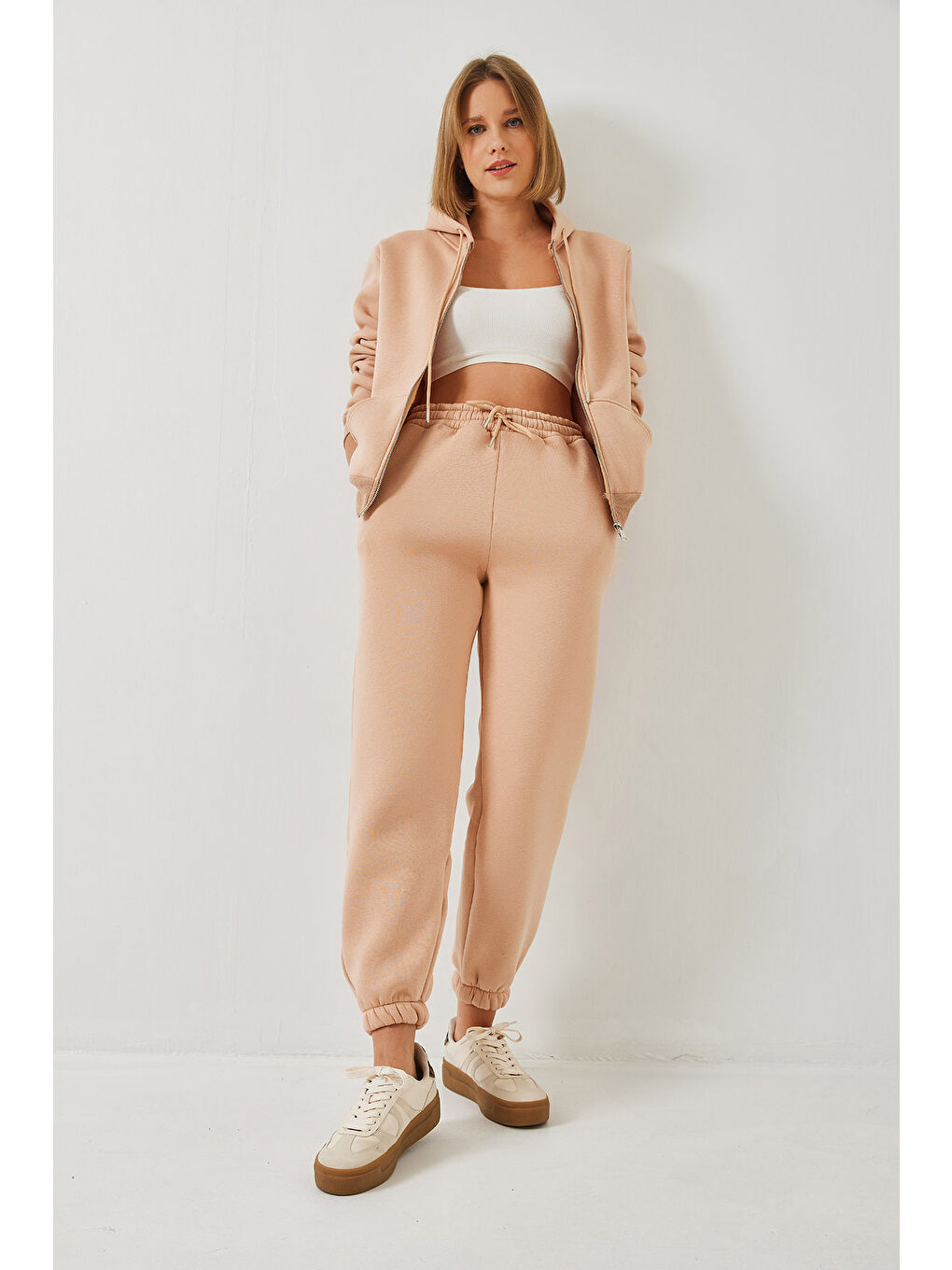 Bej Kadın Kanguru Cepli Kapüşonlu Hırka Alt  Üst Takım MBHS-6