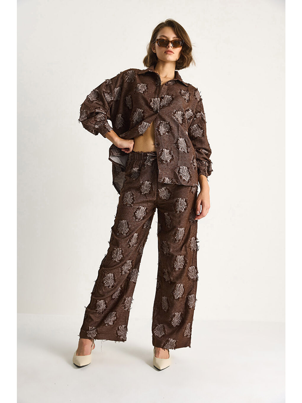 Kahverengi Kadın Oversize Gömlek Beli Lastikli Pantolon Saçaklı Dokuma Alt-Üst Takım-3