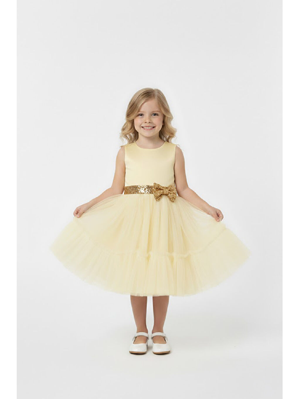 Sarı Kız Çocuk Elbise -Saten Tüllü Kumaş-Kuşak ve Fiyonk Detaylı 2-8 Yaş 12517