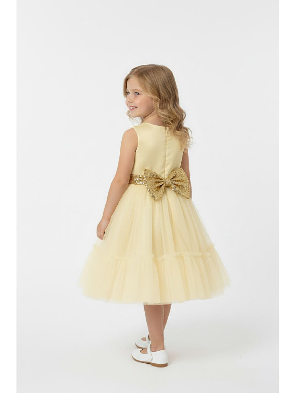 Sarı Kız Çocuk Elbise -Saten Tüllü Kumaş-Kuşak ve Fiyonk Detaylı 2-8 Yaş 12517-1
