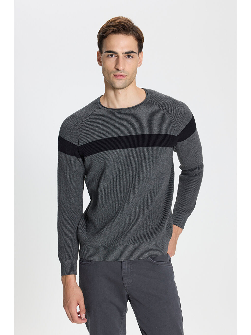 Erkek Antrasit-Siyah Standart Fit Normal Kesim Bisiklet Yaka Desenli Triko Kazak