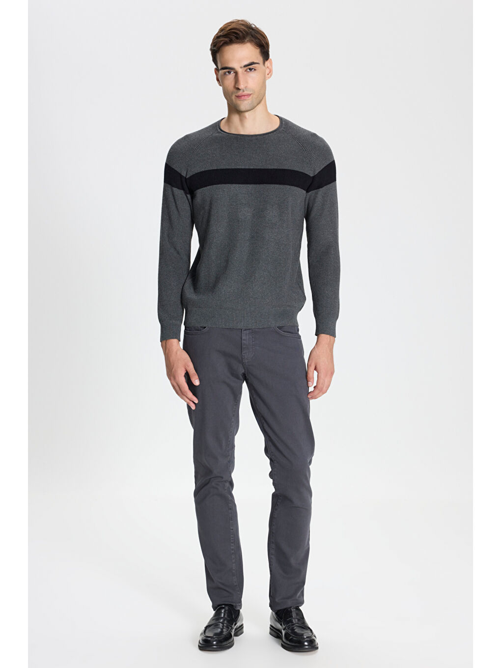 Erkek Antrasit-Siyah Standart Fit Normal Kesim Bisiklet Yaka Desenli Triko Kazak-1