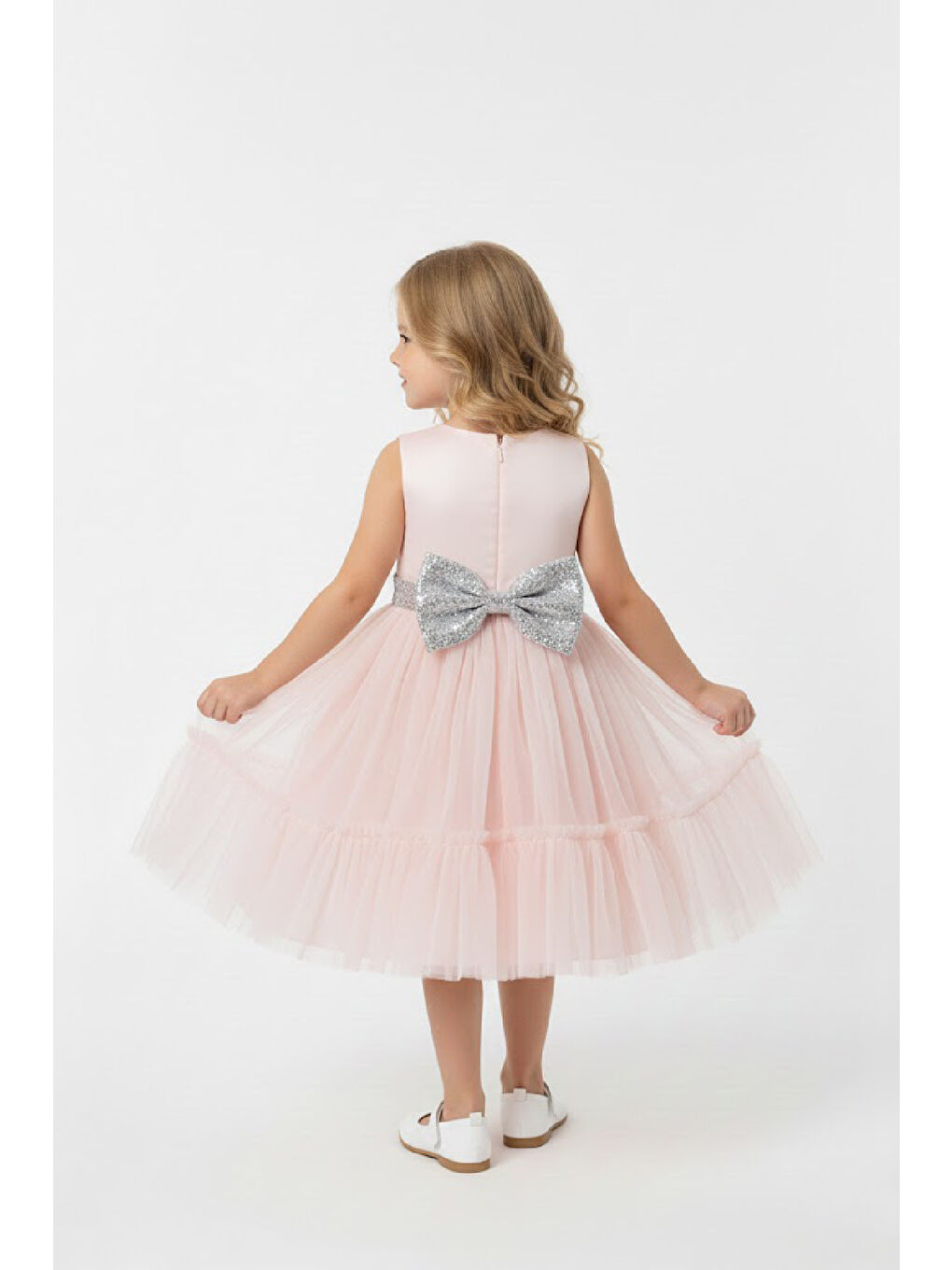 Pembe Kız Çocuk Elbise -Saten Tüllü Kumaş-Kuşak ve Fiyonk Detaylı 2-8 Yaş 12517-1