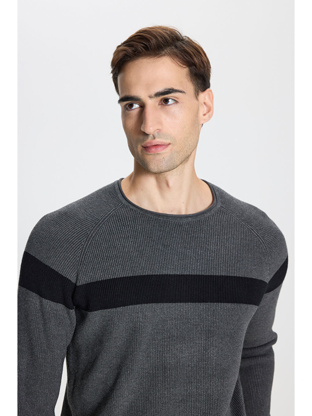 Erkek Antrasit-Siyah Standart Fit Normal Kesim Bisiklet Yaka Desenli Triko Kazak-3