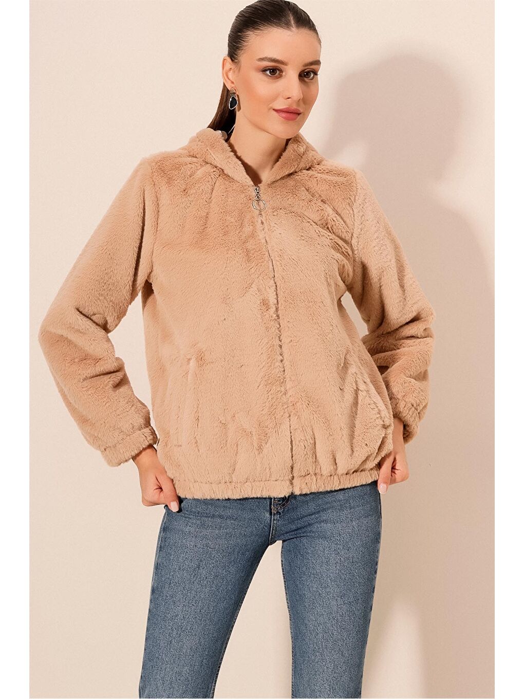 Bej 5091 Kapüşonlu Kürklü İçi Astarlı Mont   Bisküvi-3