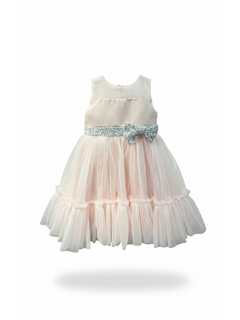Pembe Kız Çocuk Elbise -Saten Tüllü Kumaş-Kuşak ve Fiyonk Detaylı 2-8 Yaş 12517-2