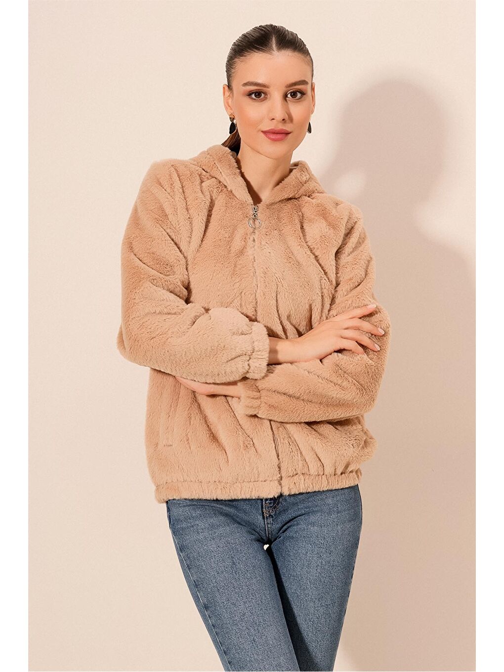 Bej 5091 Kapüşonlu Kürklü İçi Astarlı Mont   Bisküvi-4