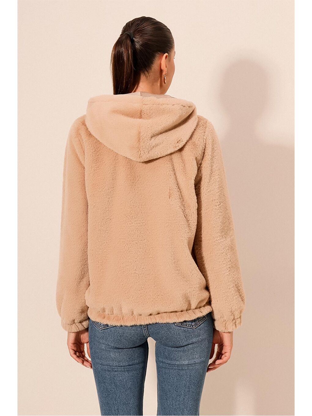 Bej 5091 Kapüşonlu Kürklü İçi Astarlı Mont   Bisküvi-5