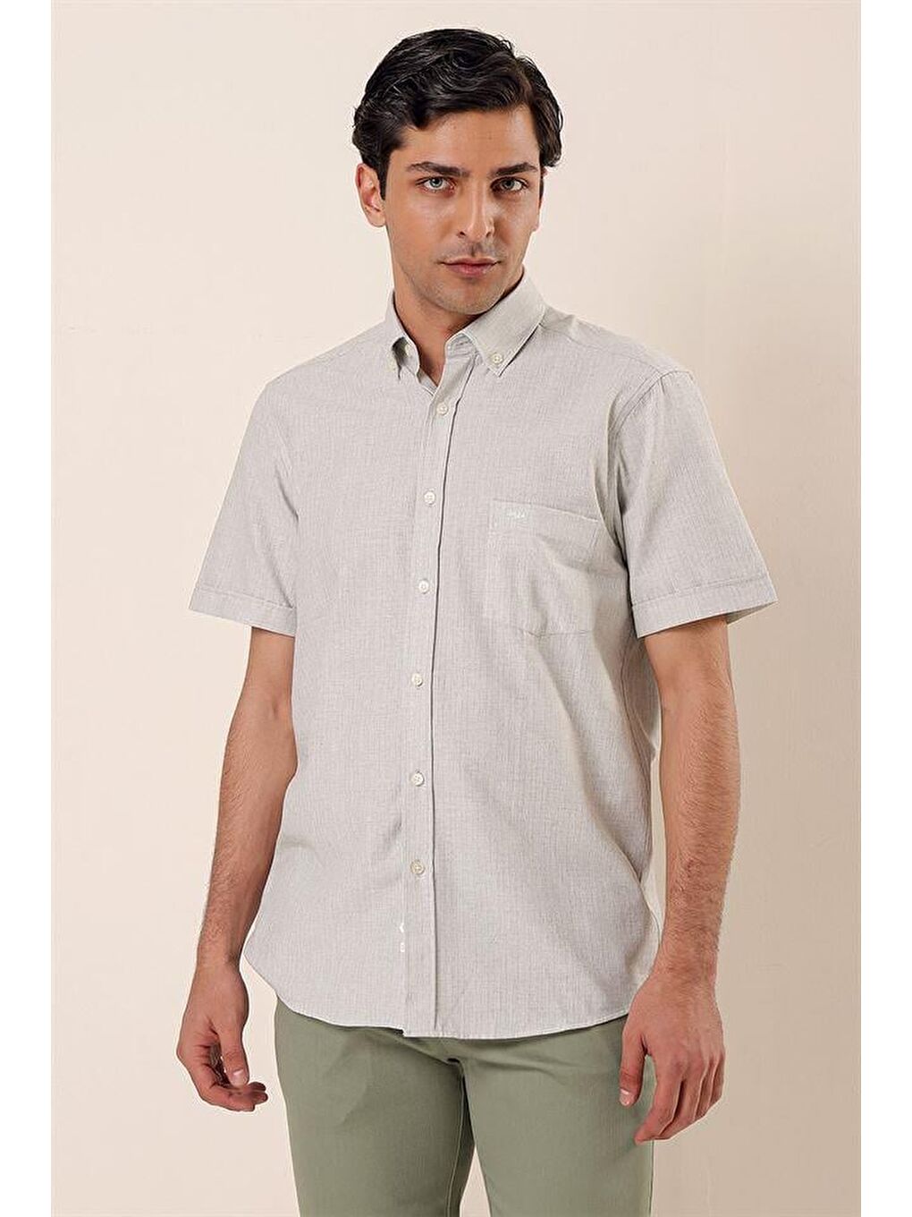 Koyu Haki Kısa Kollu Pamuklu Klasik Comfort Fit Rahat Kesim Gömlek 1004230158